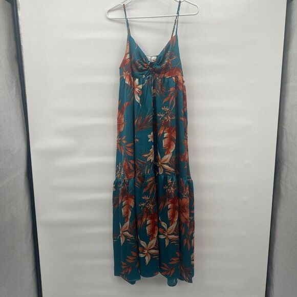 Sweet Lemon Floral Maxi Dress Teal Orange Flowy Beachy Vacation Spaghetti Straps - Picture 1 of 6